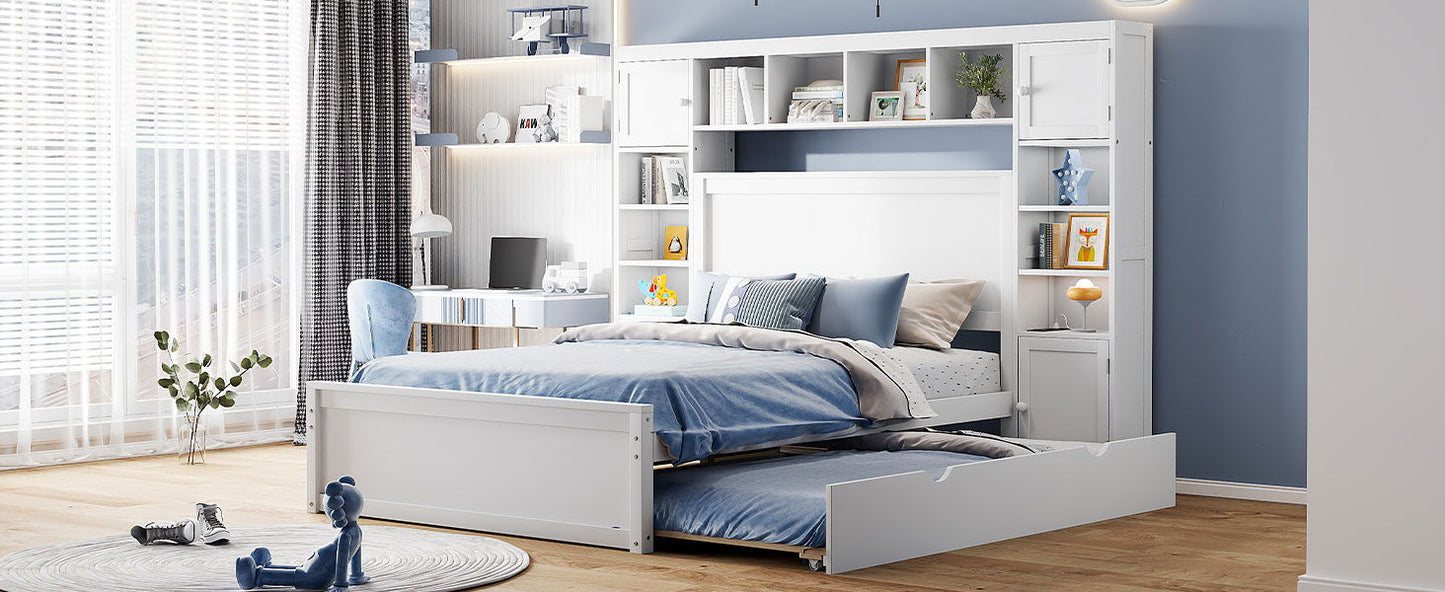 Full Size Bed With All In One Cabinet, Shelf And Sockets, Twin Size Trundle - White