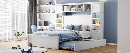 Full Size Bed With All In One Cabinet, Shelf And Sockets, Twin Size Trundle - White