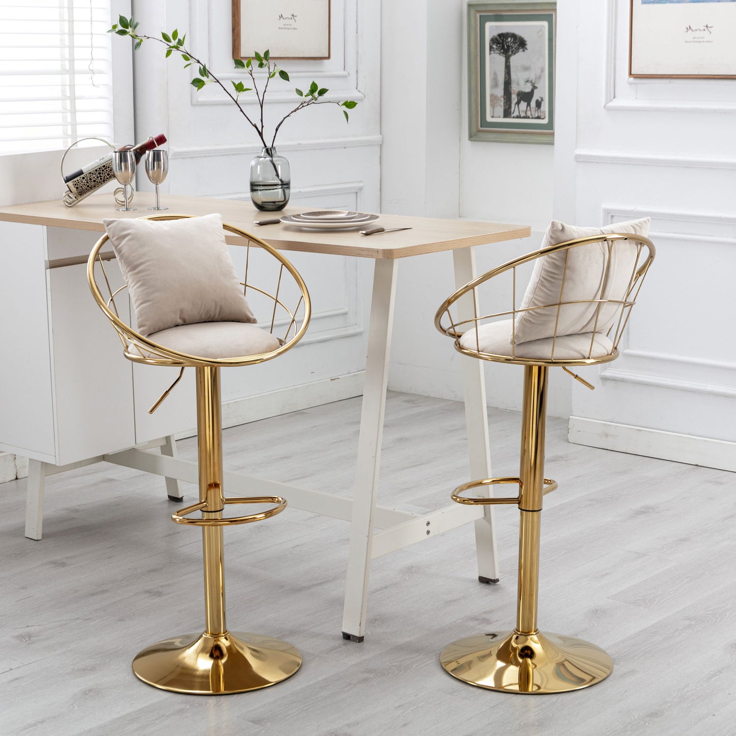 Velvet Bar Chair, Pure Gold Plated, Unique Design, 360 Degree Rotation, Adjustable Height, Suitable For Dining Room And Bar, (Set of 2) - Off White