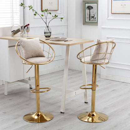 Velvet Bar Chair, Pure Gold Plated, Unique Design, 360 Degree Rotation, Adjustable Height, Suitable For Dining Room And Bar, (Set of 2) - Off White