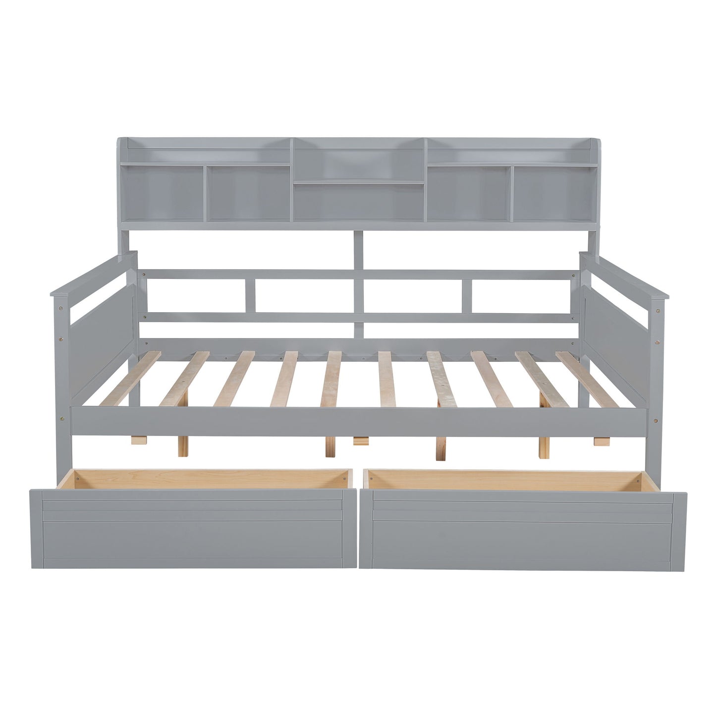 Full Size Daybed, Slat Support, With Bedside Shelf And 2 Drawers - Gray