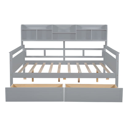 Full Size Daybed, Slat Support, With Bedside Shelf And 2 Drawers - Gray