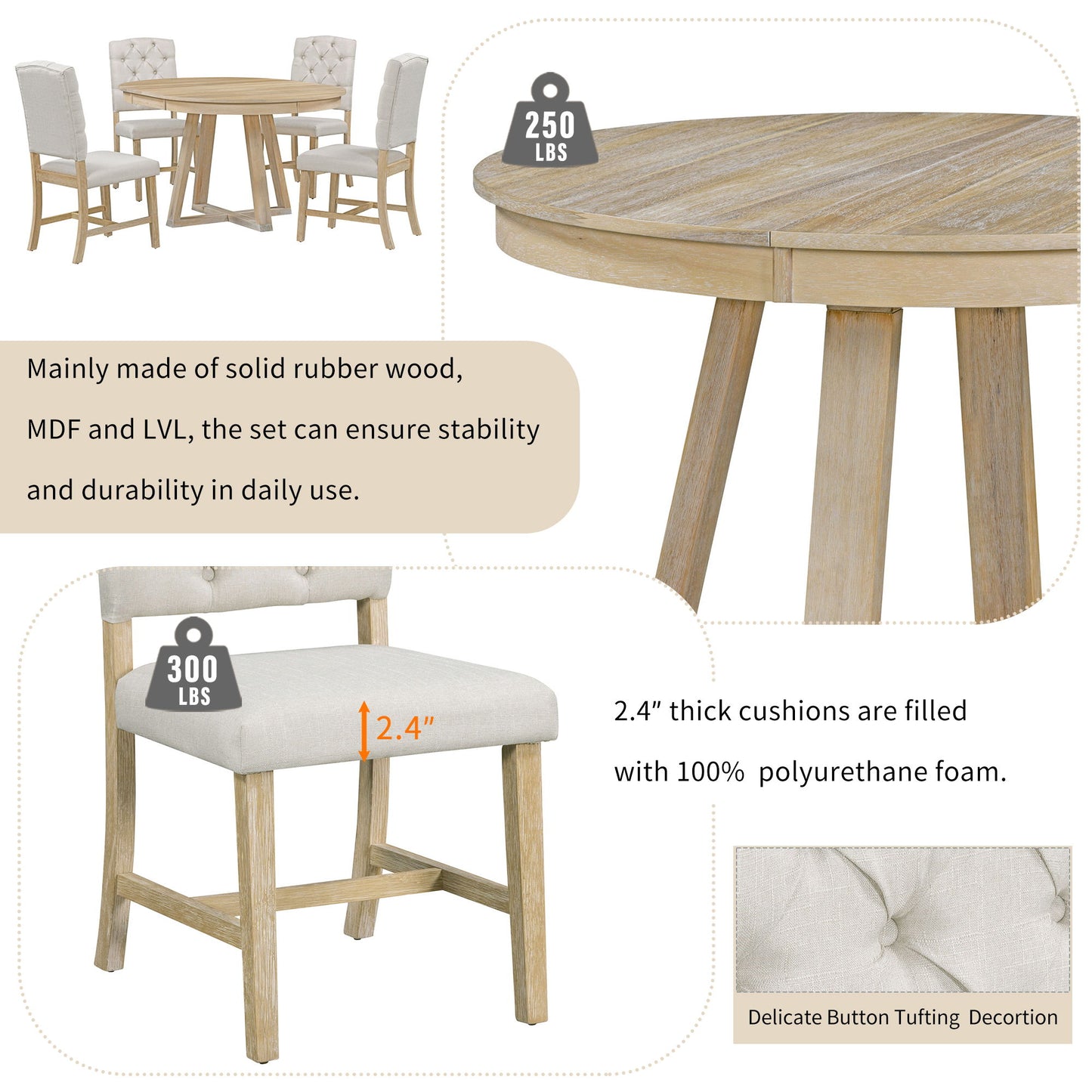 5 Piece Retro Functional Dining Set, Round Table With Leaf And 4 Upholstered Chairs For Dining Room And Living Room - Natural