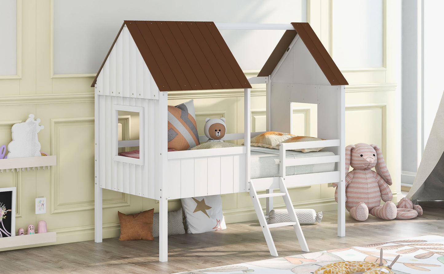 Twin Size Low Loft House Bed With Two Side Windows - White / Brown