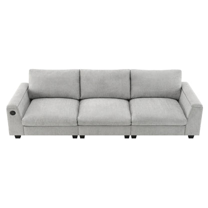 Sectional With Bluetooth Speaker Comfy Cloud Couch Set With Drop Down Table Cup Holders, USB Charger Storage Armrest Wide Seat Sofa - Gray