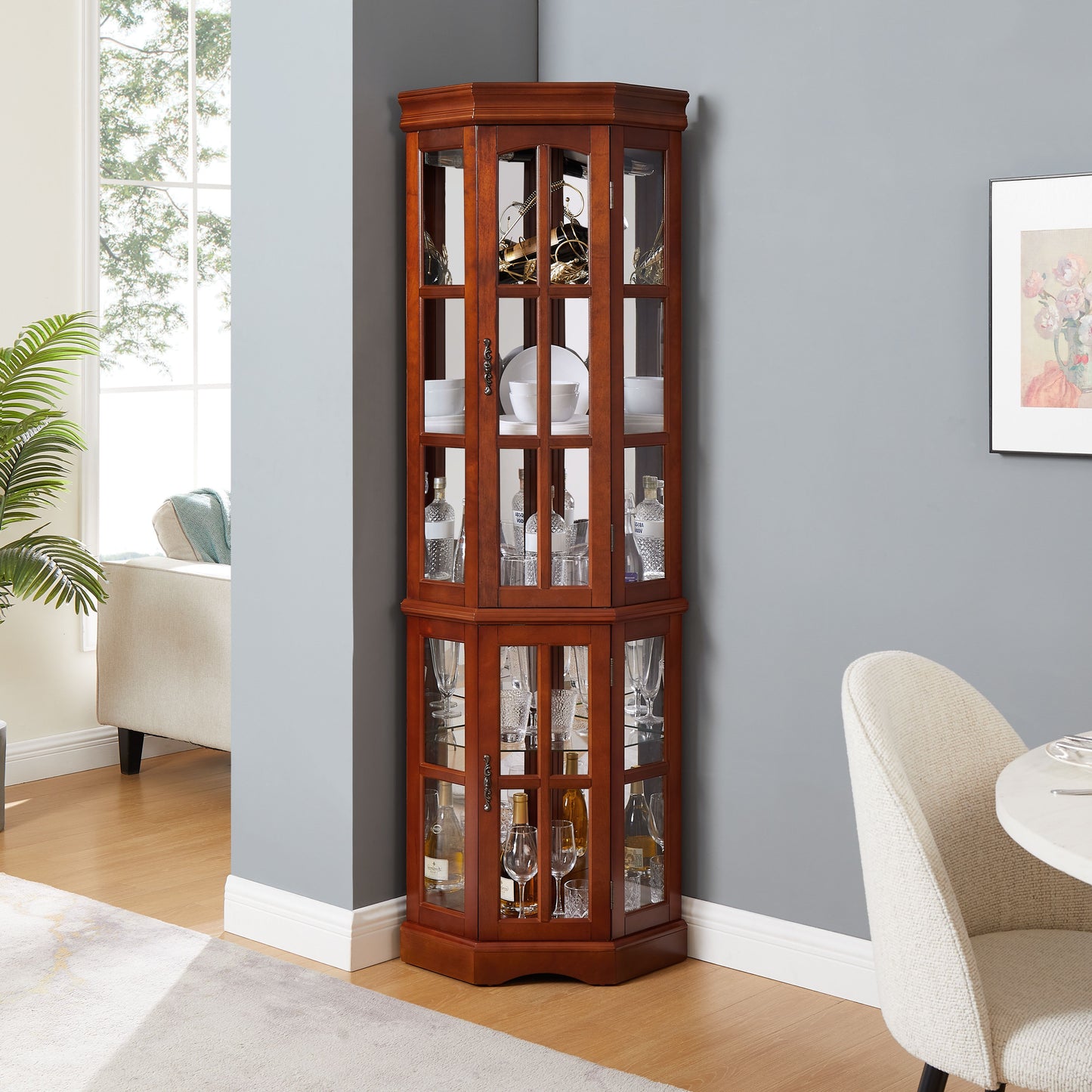 Corner Curio Cabinet With 5 Shelves And Lighting System (E26 Light Bulb Not Included) - Walnut