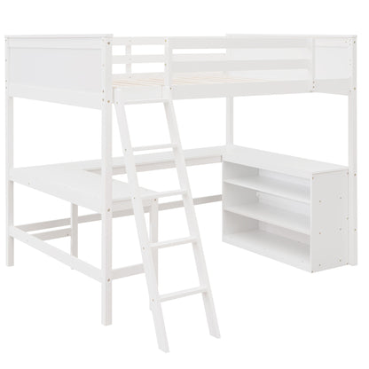 Full Size Loft Bed With Shelves With Desk - White