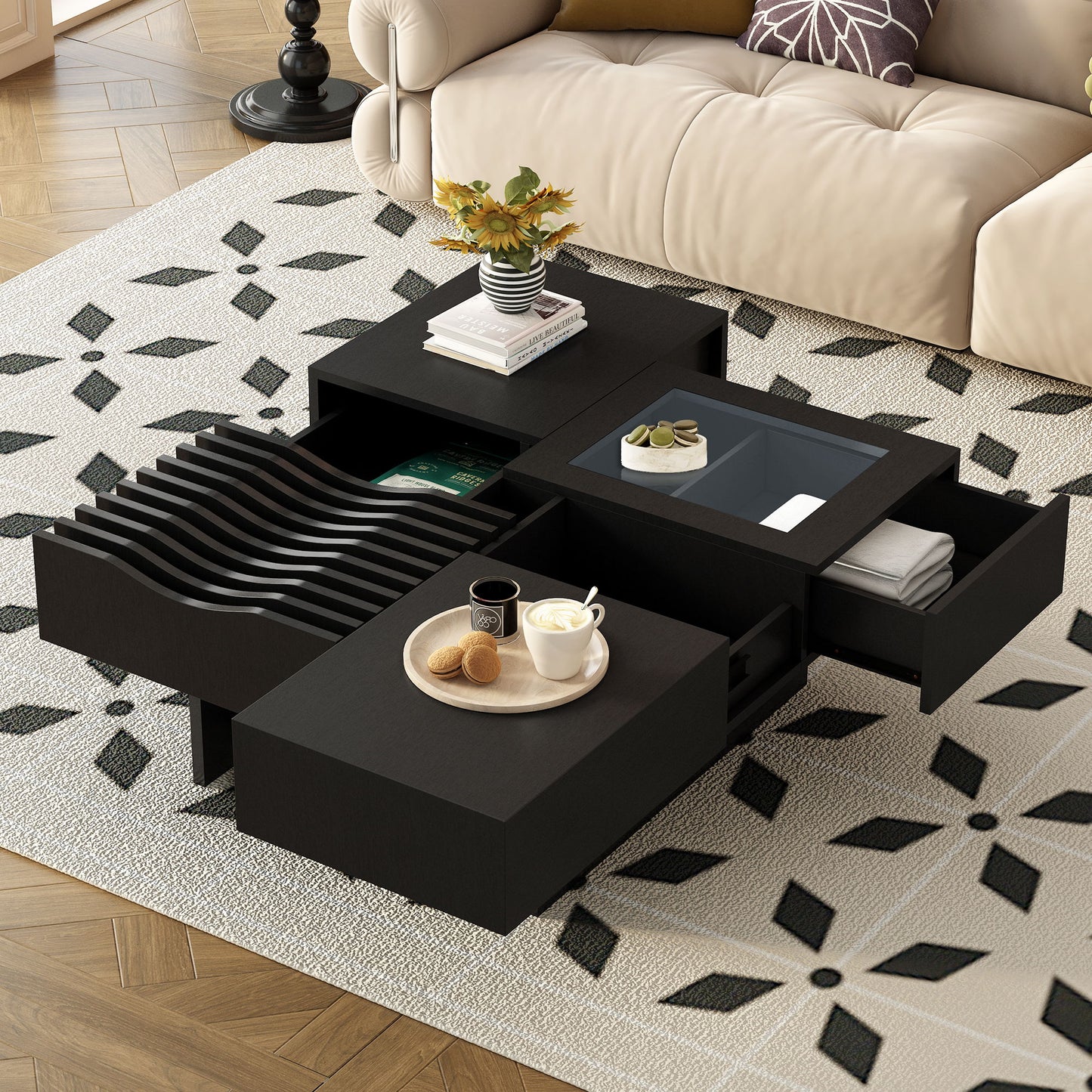 Mid Century Modern Coffee Table, Unique Square Wooden Coffee Table With 3 Drawers, Tempered Glass And Solid Wood Legs For Living Room - Black