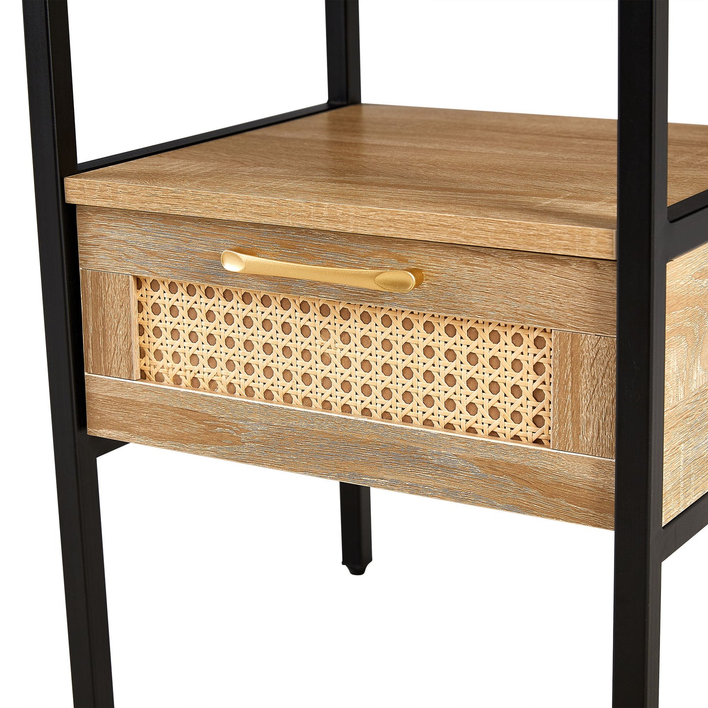 Rattan End Table With Power Outlet & USB Ports, Modern Nightstand With Drawer And Metal Legs, Side Table For Living Room, Bedroom - Natural