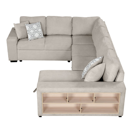 U-Shaped Sectional Sofa Pull-Out Sofa Bed With Two USB Ports, A Storage Chaise Lounge And Four Back Pillows For Living Room - Beige