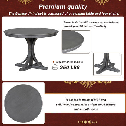 5 Piece Retro Round Dining Table Set With Curved Trestle Style Table Legs And 4 Upholstered Chairs For Dining Room - Dark Gray