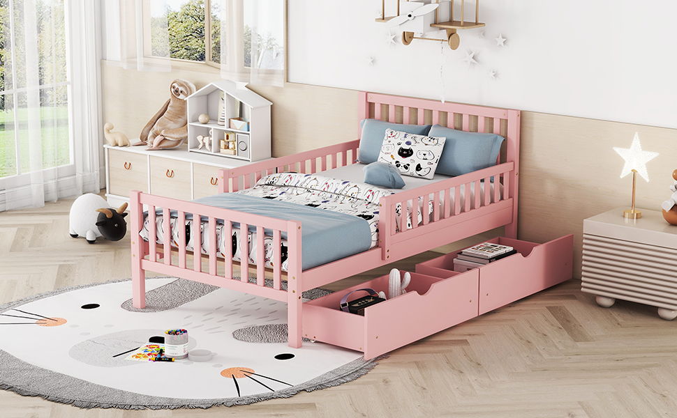 Twin Size Platform Bed With Guardrails On Both Sides And 2 Storage Drawers - Pink