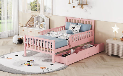 Twin Size Platform Bed With Guardrails On Both Sides And 2 Storage Drawers - Pink