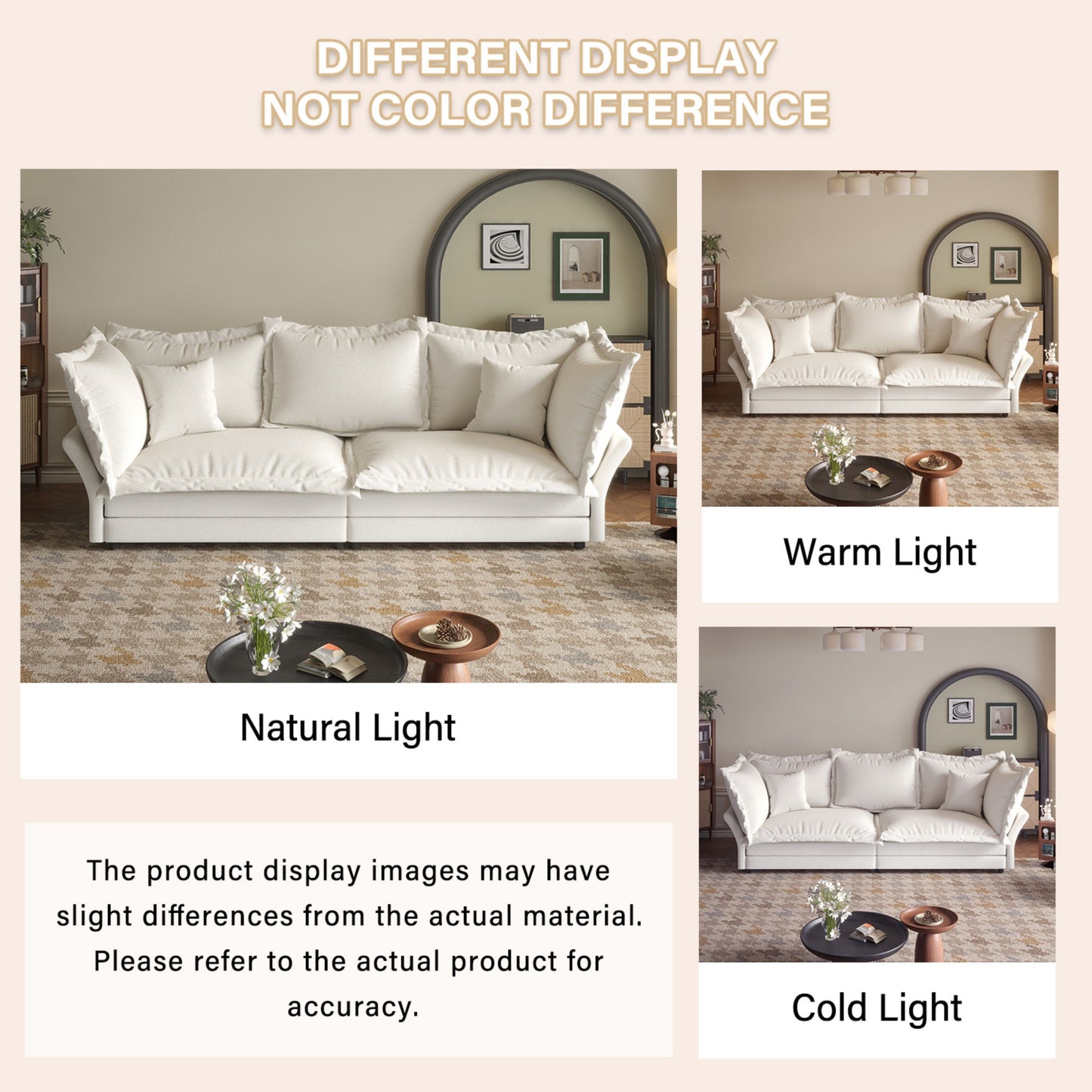 Modern Comfy Upholstered Sofa Cloud Couch, Deep Seat Couches With Multiple Large Soft Pillows, Convertible Deep Seat Chaise Longue For Living Room - Beige