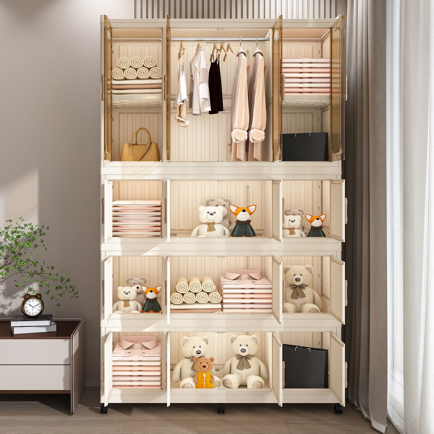 Portable Wardrobe Closet Storage Organizer With Magnetic Doors, Polypropylene - Cream White