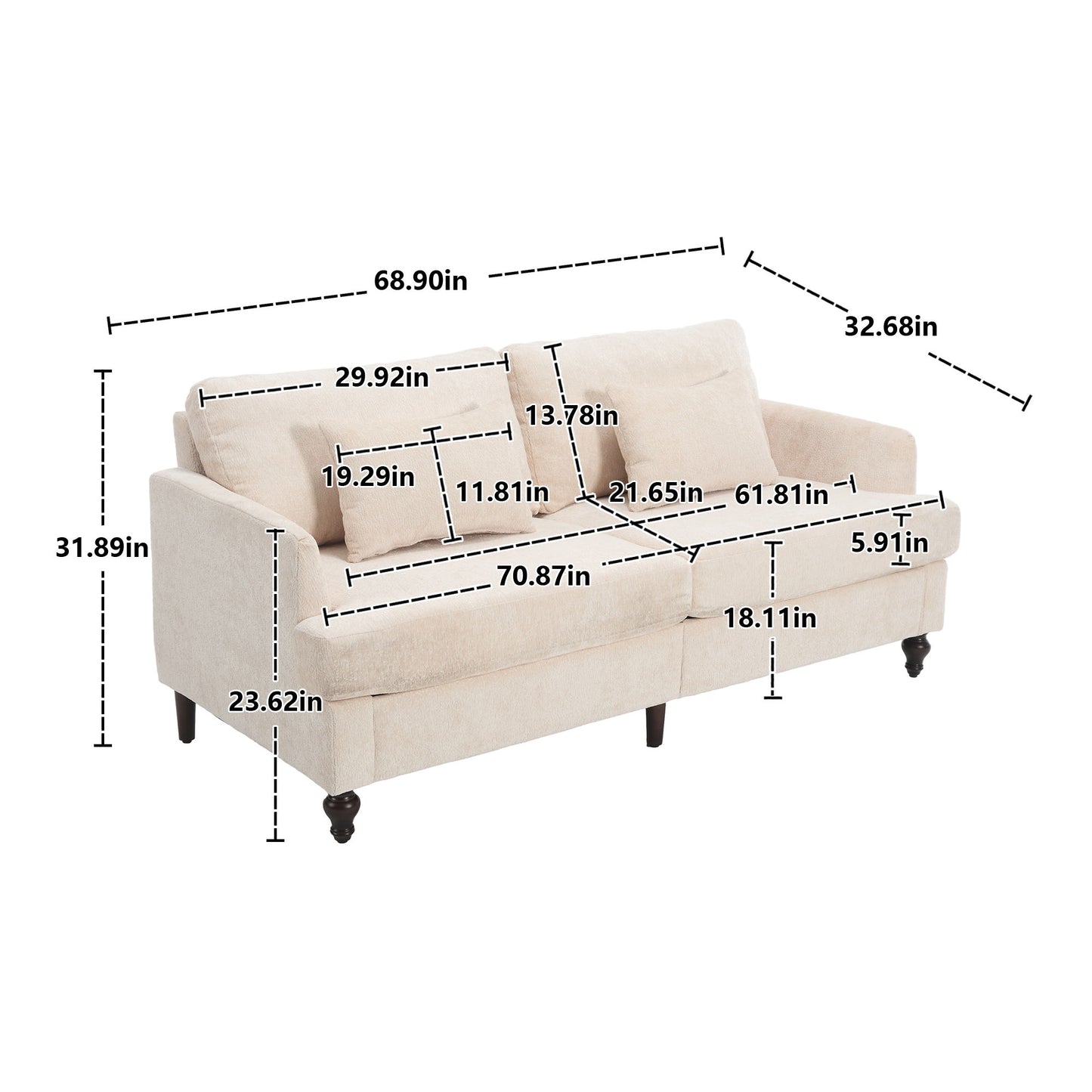 Mid Century Modern Chenille Fabric Loveseat Sofa With Brown Wood Feet, 2 Seat Upholstered Couch For Living Room And Bedroom - Beige