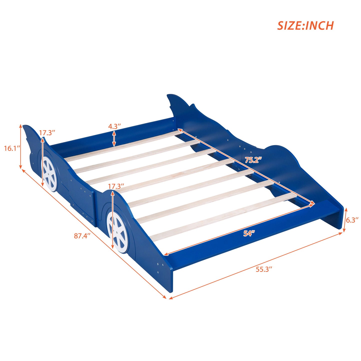 Full Size Race Car-Shaped Platform Bed & Wheels - Blue