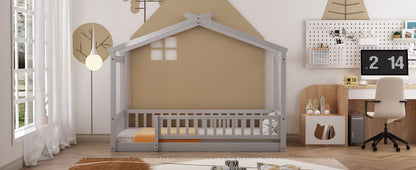 Twin Size Bed House Bed Frame With Fence - Gray