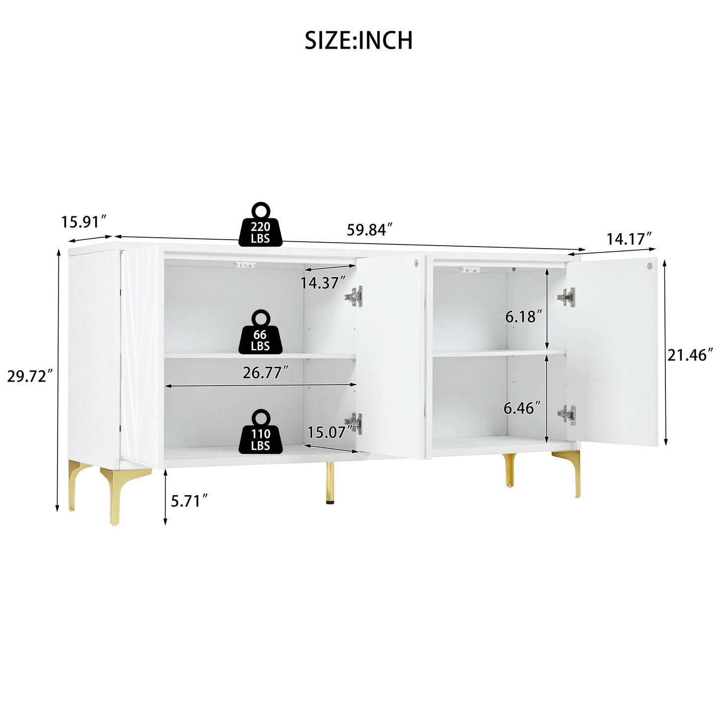 Multi Functional Storage Cabinet, 4 Door Sideboard With Unique Texture, Adjustable Shelves - White