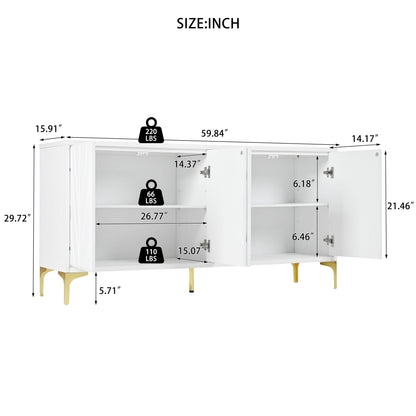 Multi Functional Storage Cabinet, 4 Door Sideboard With Unique Texture, Adjustable Shelves - White