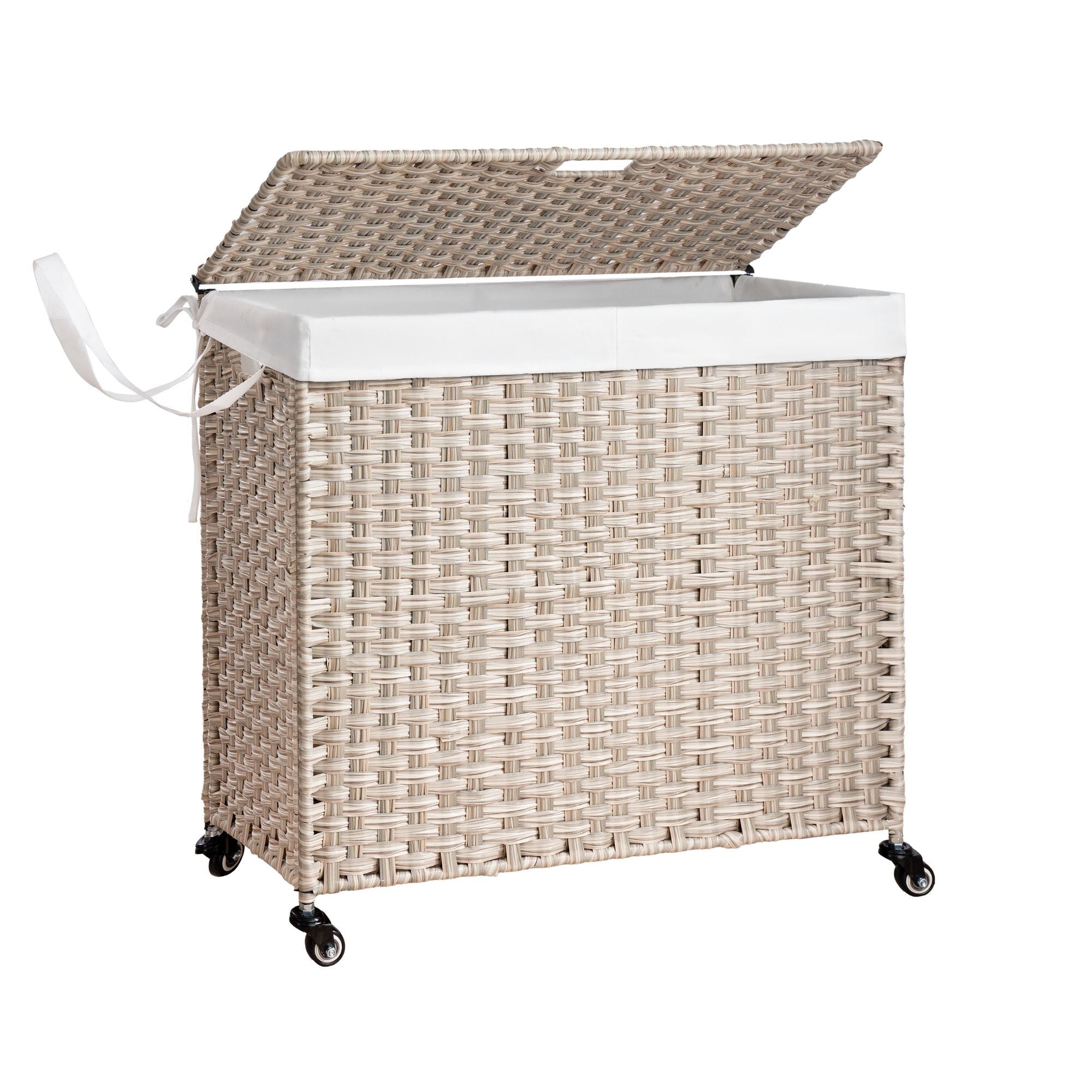 Laundry Hamper With Lid PE Rattan Powder Coating Frame Clothes Hampers With 2 Removable Bags, Wheels, 160L - Gray