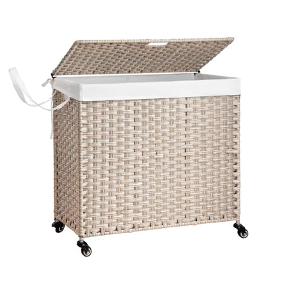 Laundry Hamper With Lid PE Rattan Powder Coating Frame Clothes Hampers With 2 Removable Bags, Wheels, 160L - Gray
