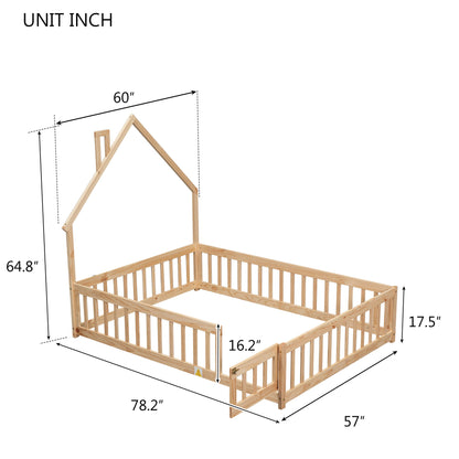 Full House-Shaped Headboard Floor Bed With Fence - Natural