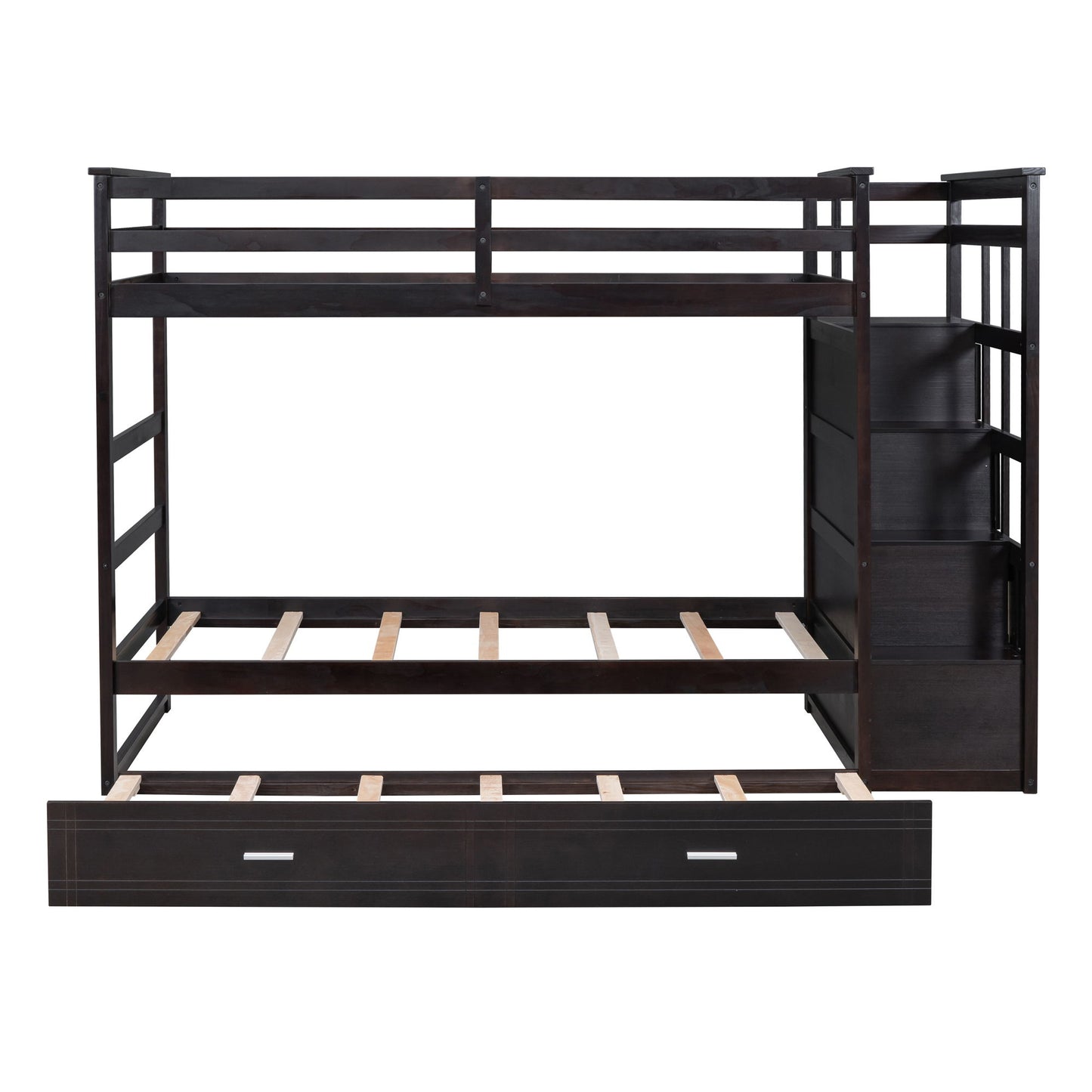 Twin Over Twin Bunk Bed With Trundle And Staircase - Espresso