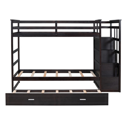 Twin Over Twin Bunk Bed With Trundle And Staircase - Espresso