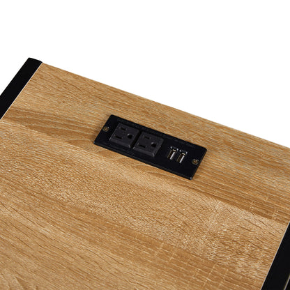 Rattan End Table With Power Outlet & USB Ports, Modern Nightstand With Drawer And Metal Legs, Side Table For Living Room, Bedroom - Natural