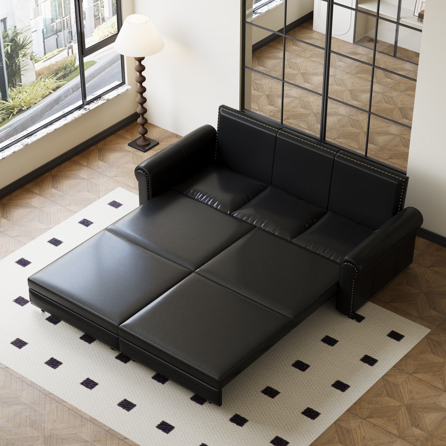 Pull Out Sofa Bed, 3 In 1 Faux Leather Convertible Sleeper Sofa With Nailhead Trim & Rolled Arm Multifunctional Sofa Bed For Living Room - Black