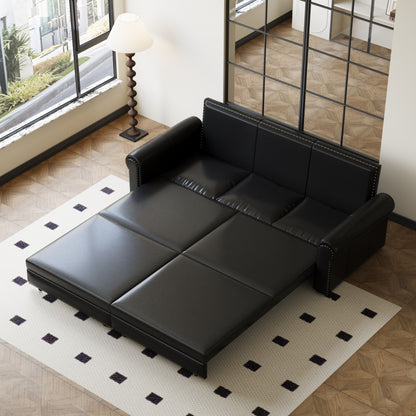 Pull Out Sofa Bed, 3 In 1 Faux Leather Convertible Sleeper Sofa With Nailhead Trim & Rolled Arm Multifunctional Sofa Bed For Living Room - Black