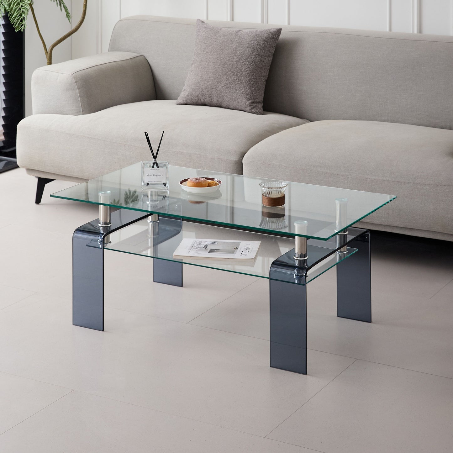 Modern Tempered Glass Coffee Table With 2 Tier Storage And Smoke Legs For Living Room - Transparent