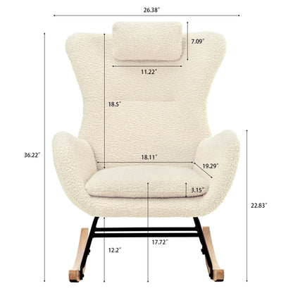 Rocking Chair Nursery, Teddy Upholstered Rocker Glider Chair With High Backrest, Adjustable Headrest & Pocket, Comfy Glider Chair For Nursery, Bedroom, Living Room, Offices, Rubber Wood - Beige