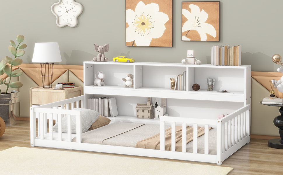 Twin Floor Bed With Bedside Bookcase, Shelves, Guardrails - White