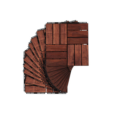 Acacia Wood Interlocking Deck Tiles Checker Pattern, 10 Piece Square Acacia Hardwood Outdoor Flooring For Patio, Bancony, Pool Side - Brown
