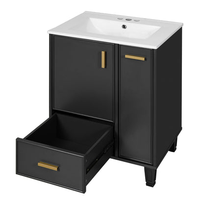 Modern Solid Wood And 24" Bathroom Vanity With Sink, Deep Drawer, Door Shelf, 2 Tier Basket - Black