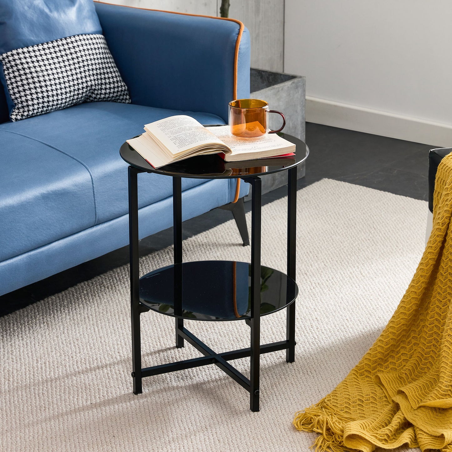 Tempered Glass End Table (Set of 2), Round Coffee Table For Bedroom Living Room Office - Black