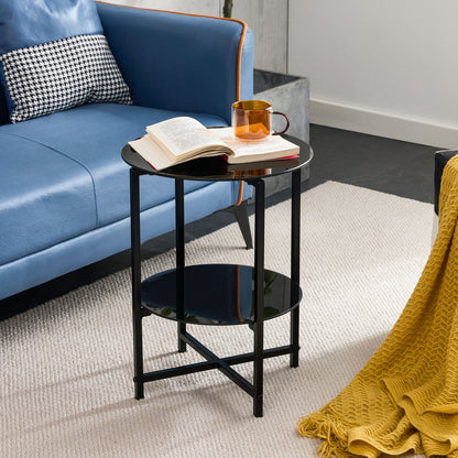 Tempered Glass End Table (Set of 2), Round Coffee Table For Bedroom Living Room Office - Black