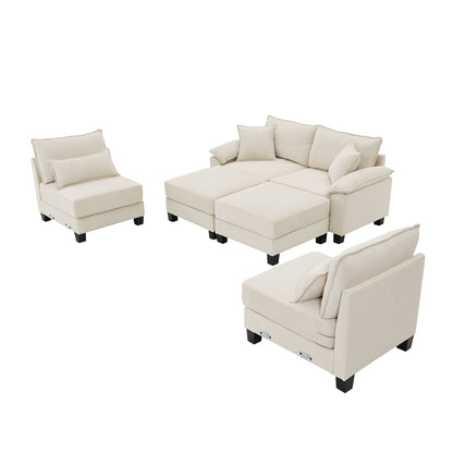 Wide Seat Modular Sectional Bed Sleeper Couch Set With Armrest Pillow 6 Seat, Free Combination Sofa With Ottomans Oversized - Beige