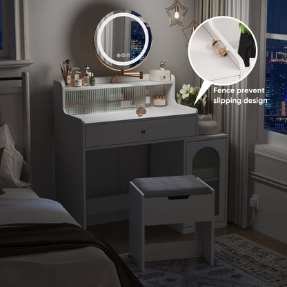 White Vanity Desk With 360ÔøΩÔøΩ Rotated Mirror And Adjustable Lights, Girls Makeup Vanity Table With Storage Chair And Side Cabinet - Antique White