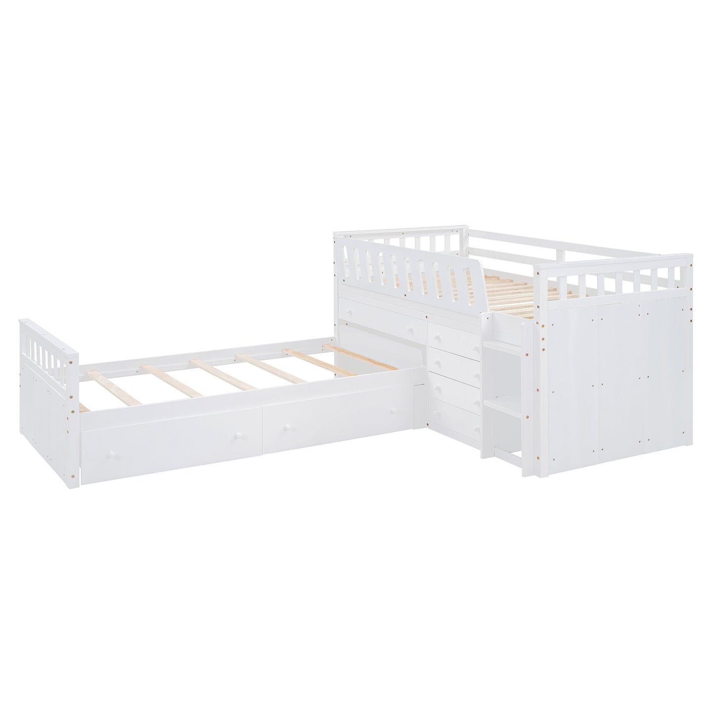 Twin Loft And Platform Bed With 7 Drawers And Full Guardrails, Modern L Shaped Space Savin - White