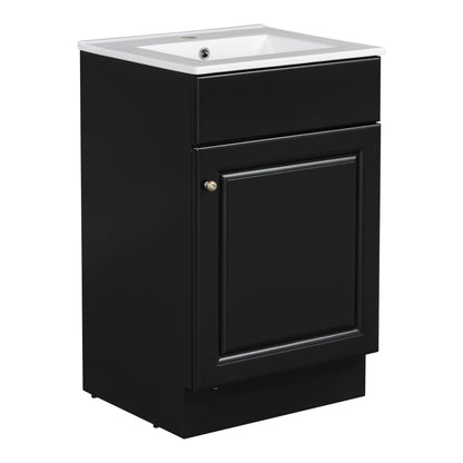 20" Bathroom Vanity With Sink, Freestanding Cabinet With Door Shelf And Adjustable Shelf, And Ceramic Construction - Black