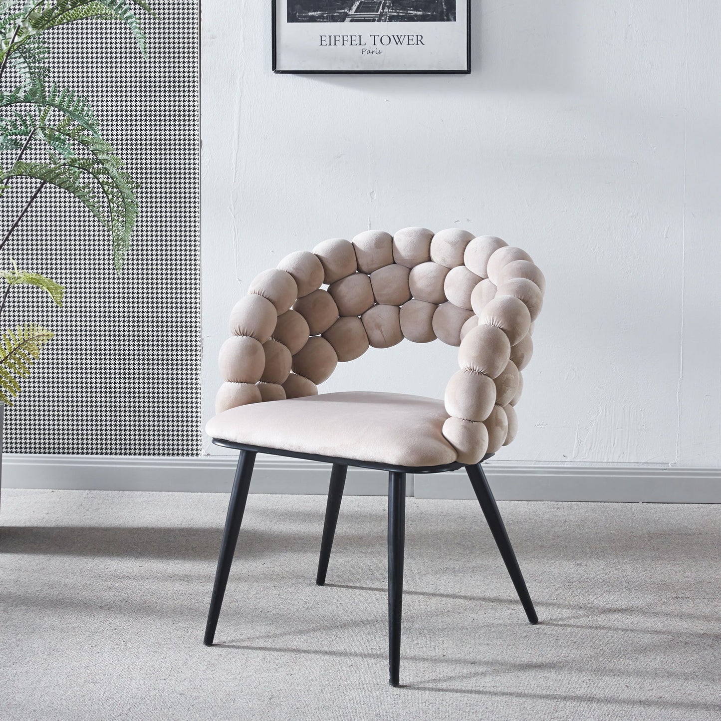 Modern Chair With Golden Color Iron Tube Legs, Soft Cushions And Comfortable Backrest, Suitable For Dining Room, Living Room, Cafe, Hairball Back (Set of 2) - Beige / Black