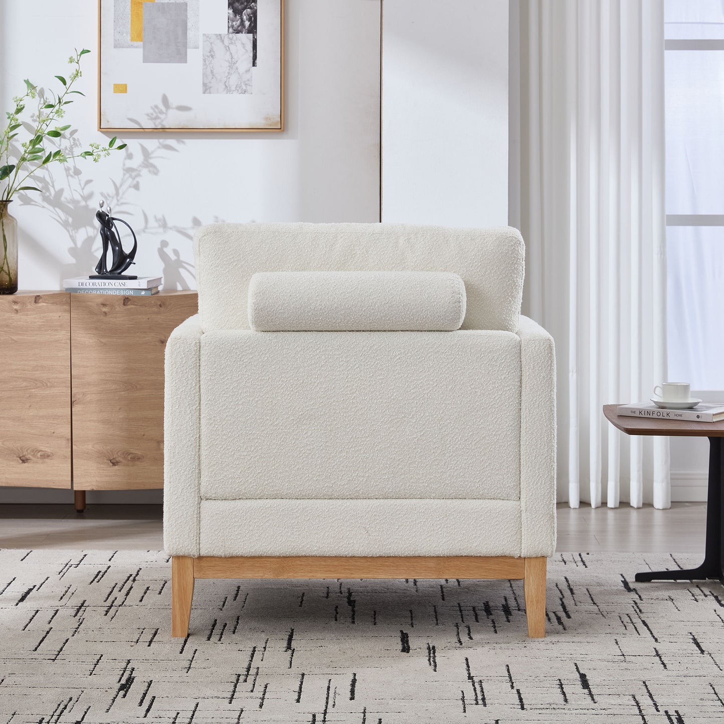 Wide Modern Farmhouse Performance Accent Chair With Natural Wood Legs, Wood Base Reading Armchair Single Sofa With 2 Bolster Pillows For Living Room Offices And Lounge - Ivory