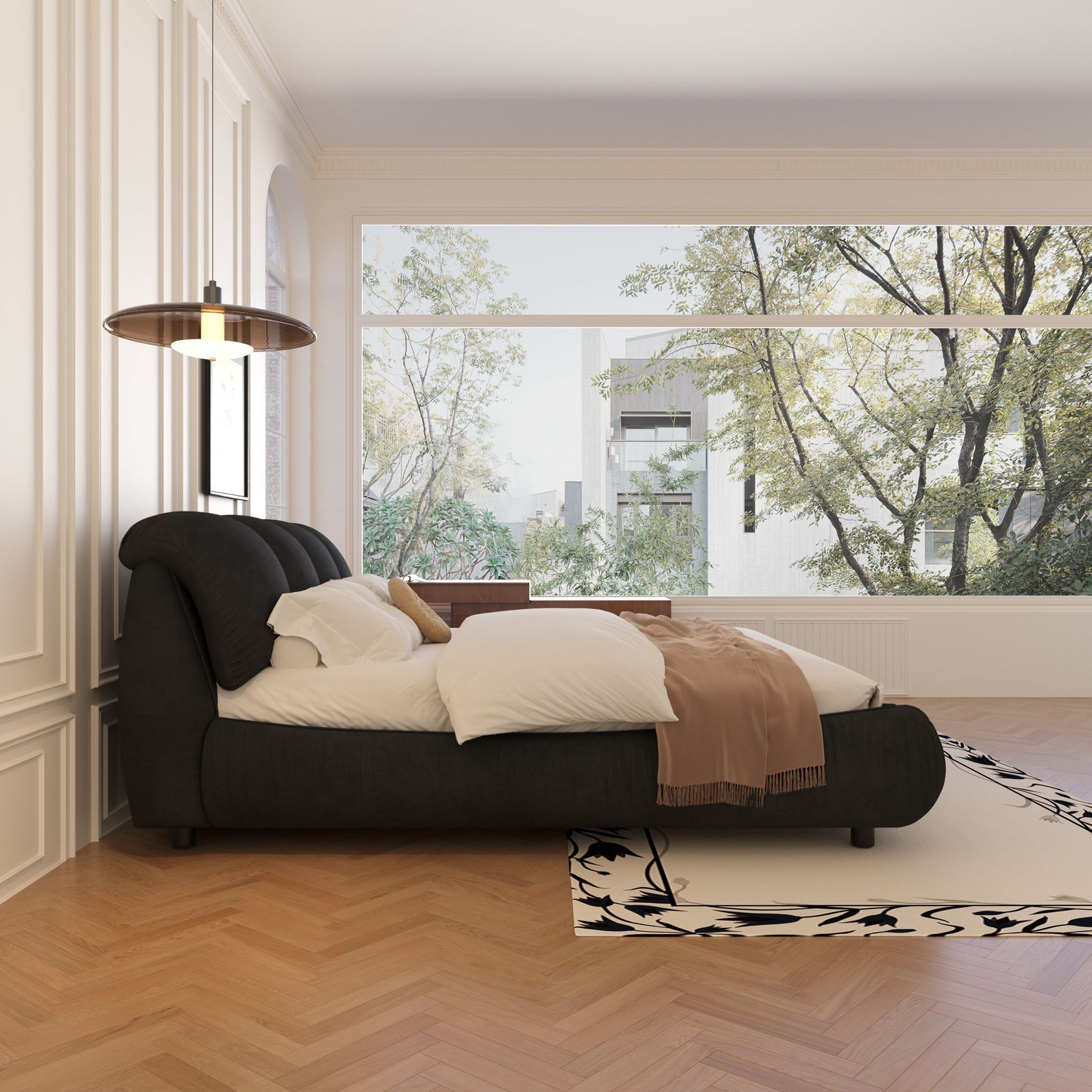Queen Size Luxury Upholstered Platform Bed With Oversized Padded Backrest And Solid Wood Frame, Suitable For Multiple Heights Of Mattresses - Black