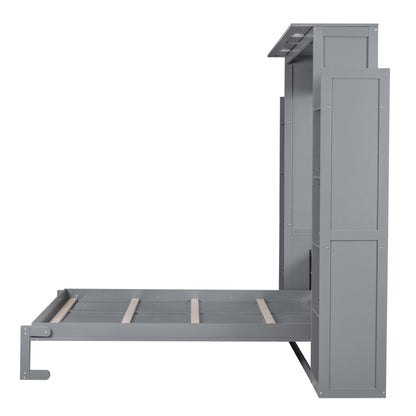 Queen Size Murphy Wall Bed With Shelves And LED Lights - Gray