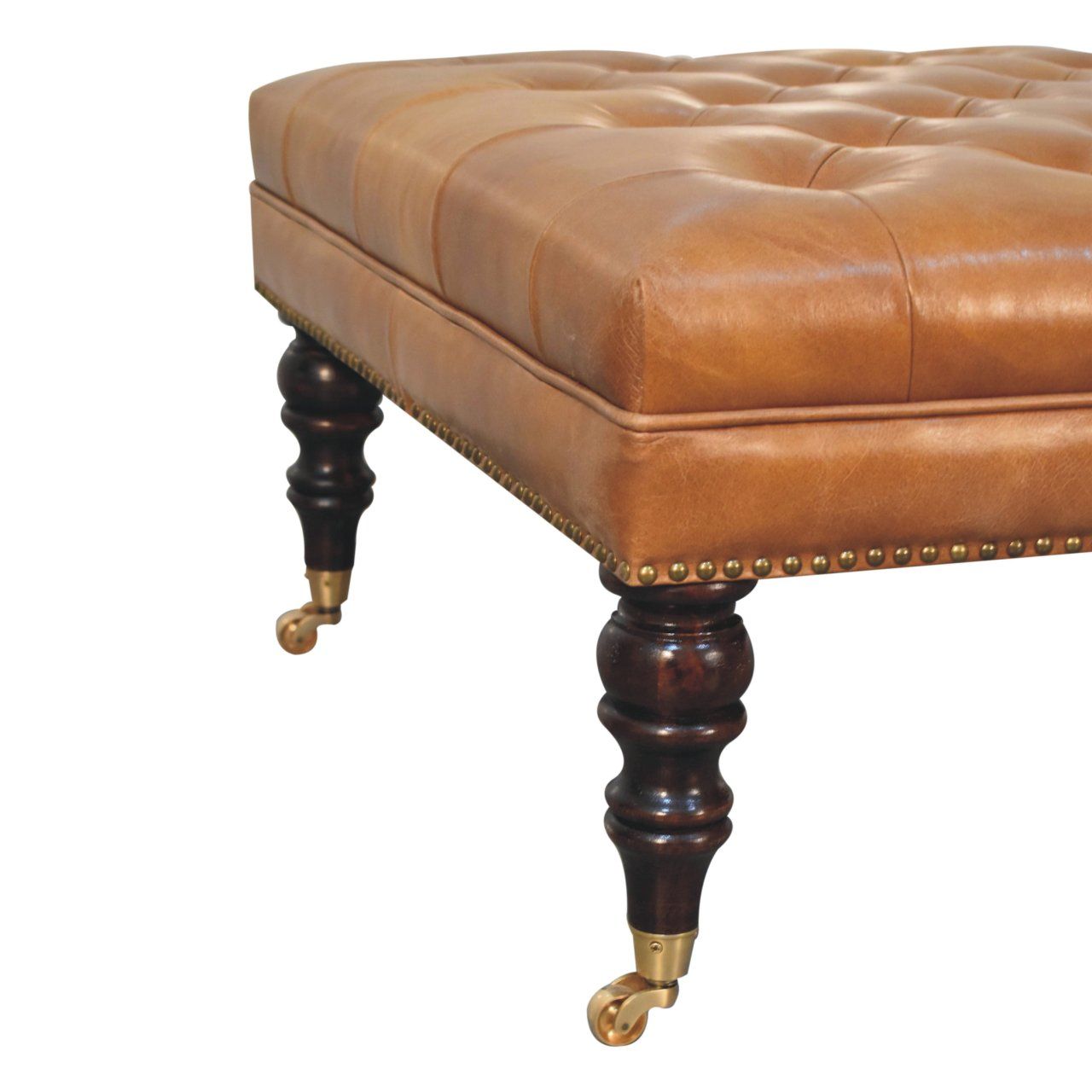 Buffalo - Studded Leather Ottoman With Castor Legs - Tan