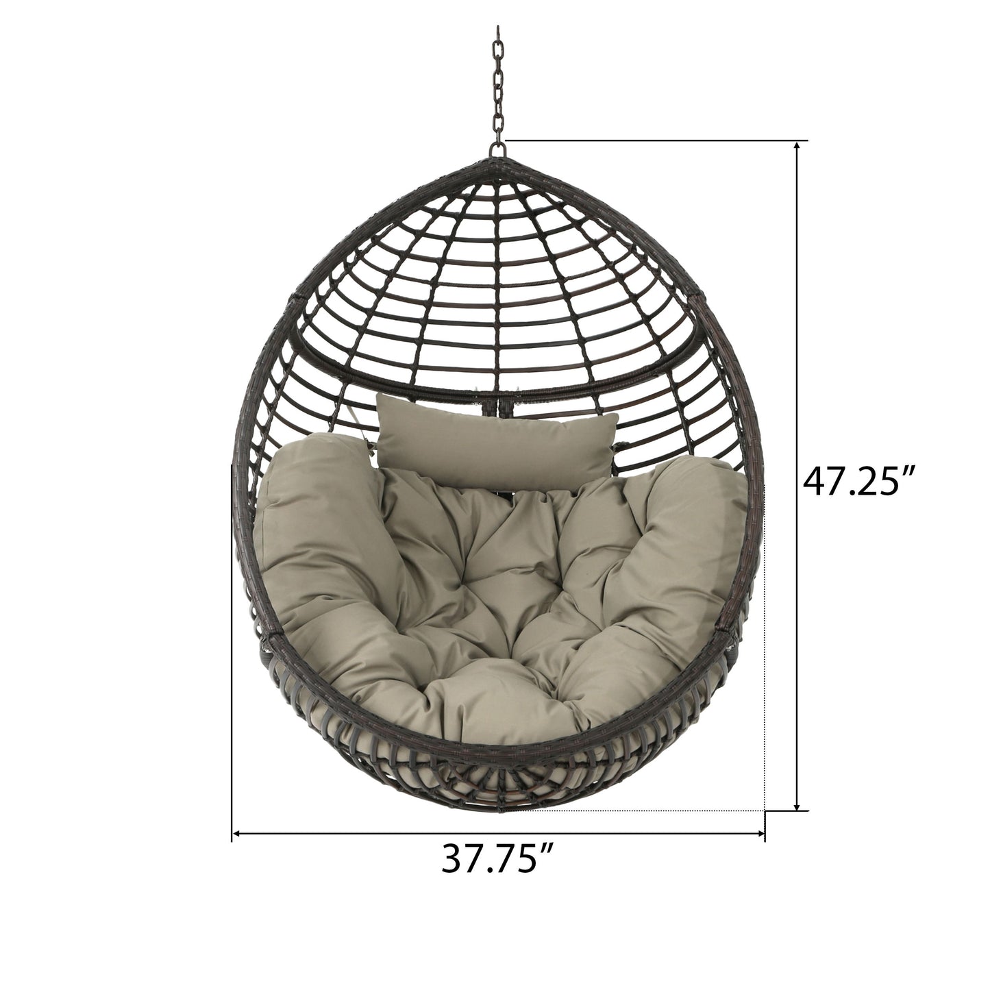 Hanging Basket Chair With Metal Frame And Seat Cushion - Khaki