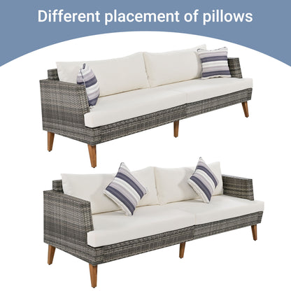 6 Pieces All Weather Sofa Set, Outdoor Rattan Sofa With Double Cushions, Wood Legs Wood Table Top - Beige / Gray